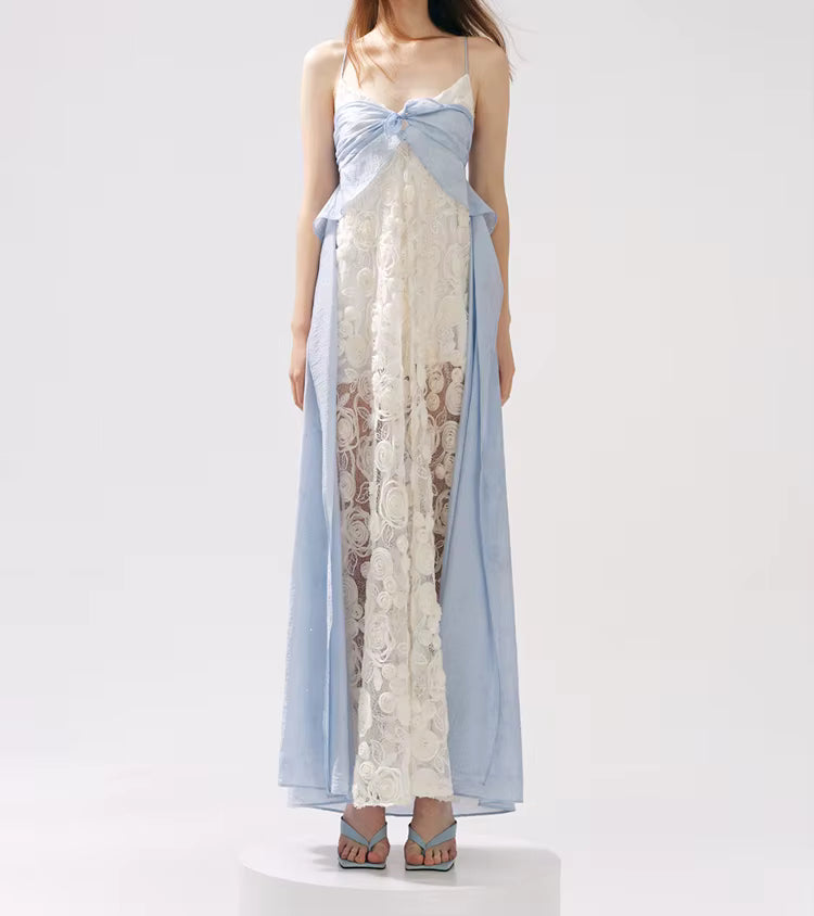 Casual Square Neck Sleeveless Patchwork Applique Loose Spliced Sheer Maxi Dresses
