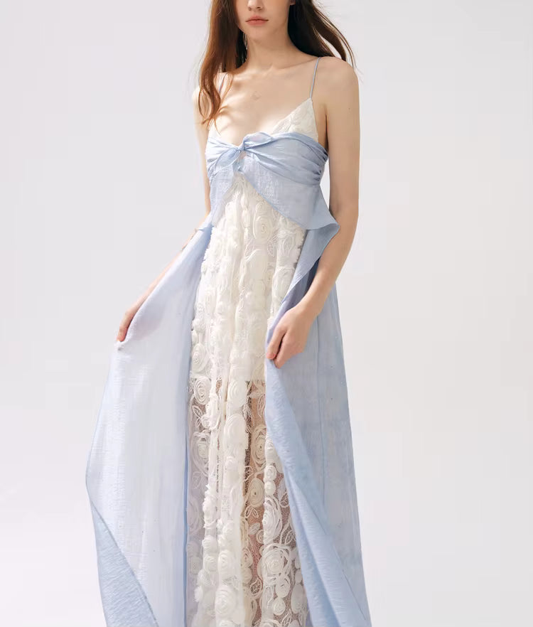 Casual Square Neck Sleeveless Patchwork Applique Loose Spliced Sheer Maxi Dresses