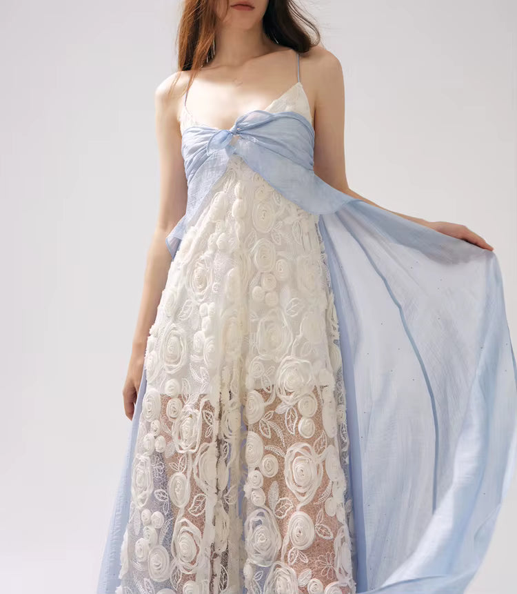 Casual Square Neck Sleeveless Patchwork Applique Loose Spliced Sheer Maxi Dresses