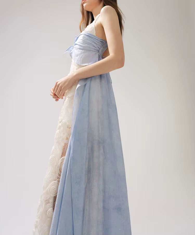 Casual Square Neck Sleeveless Patchwork Applique Loose Spliced Sheer Maxi Dresses