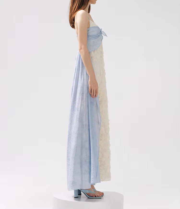 Casual Square Neck Sleeveless Patchwork Applique Loose Spliced Sheer Maxi Dresses