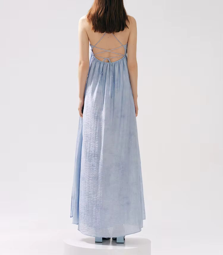 Casual Square Neck Sleeveless Patchwork Applique Loose Spliced Sheer Maxi Dresses