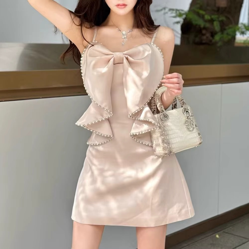 Casual Square Neck Sleeveless Patchwork Bead Tunic Bow Mini Dresses