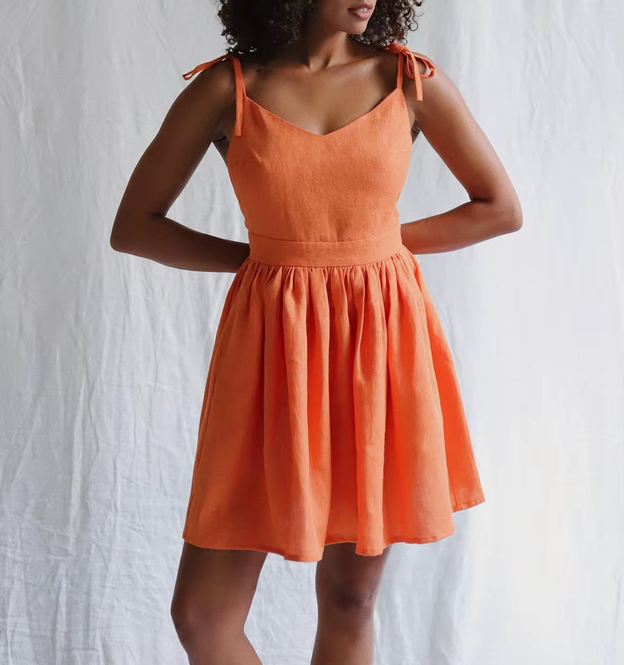 Casual Square Neck Sleeveless Patchwork Folds Spliced Lace Up Mini Dress