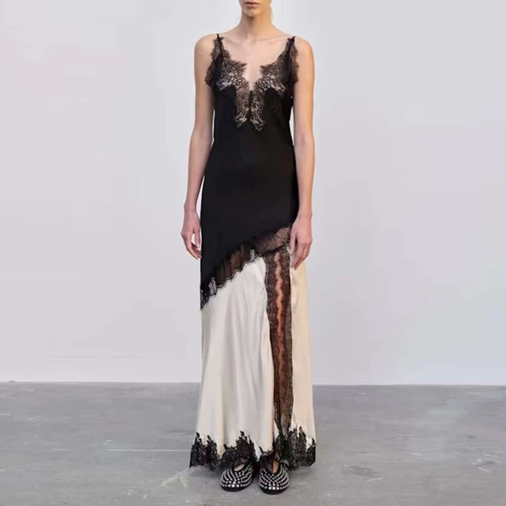 Casual Square Neck Sleeveless Patchwork High Waist Temperament Minimalist Maxi Dress