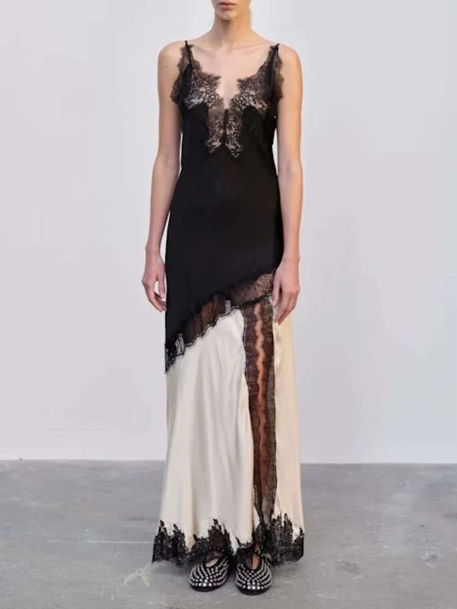 Casual Square Neck Sleeveless Patchwork High Waist Temperament Minimalist Maxi Dress