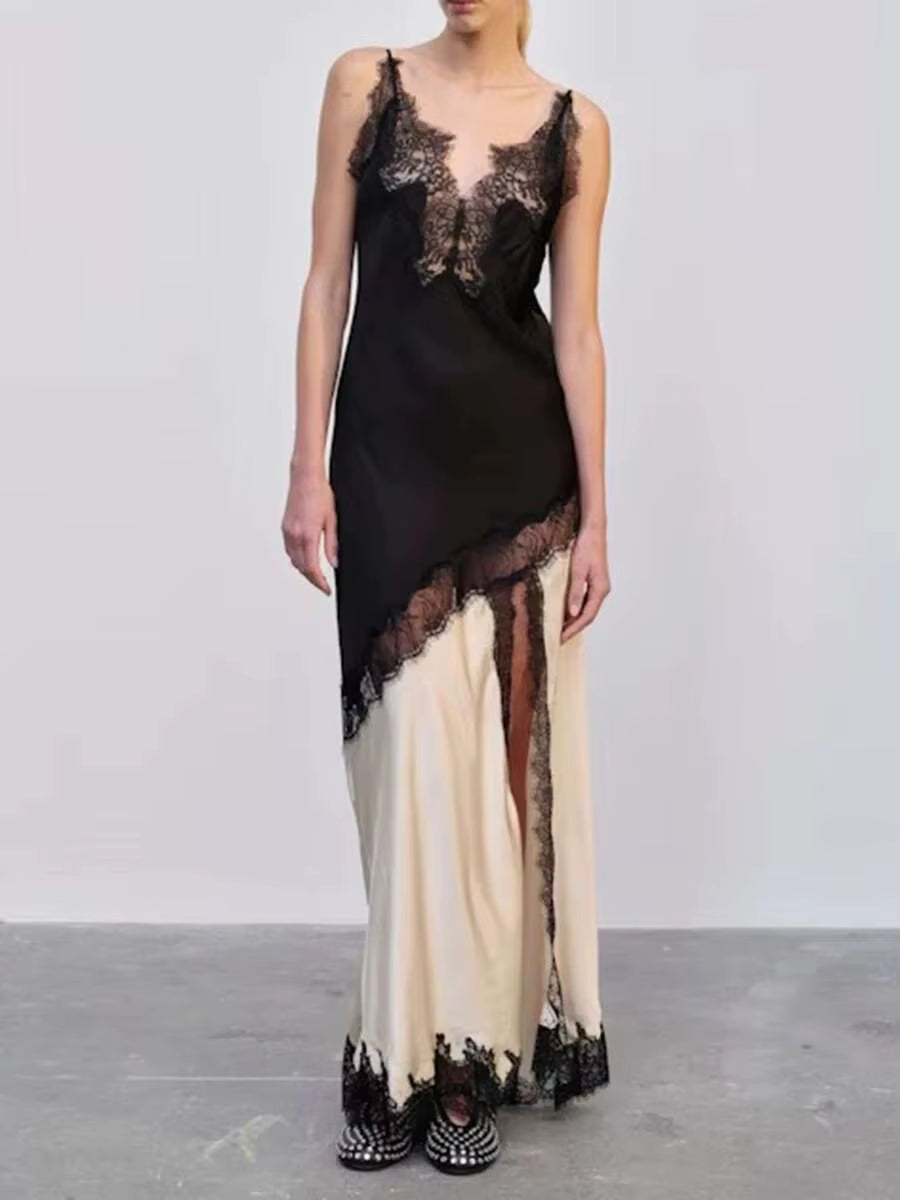 Casual Square Neck Sleeveless Patchwork High Waist Temperament Minimalist Maxi Dress