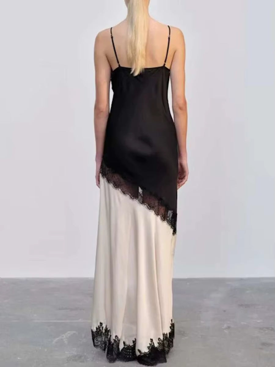 Casual Square Neck Sleeveless Patchwork High Waist Temperament Minimalist Maxi Dress