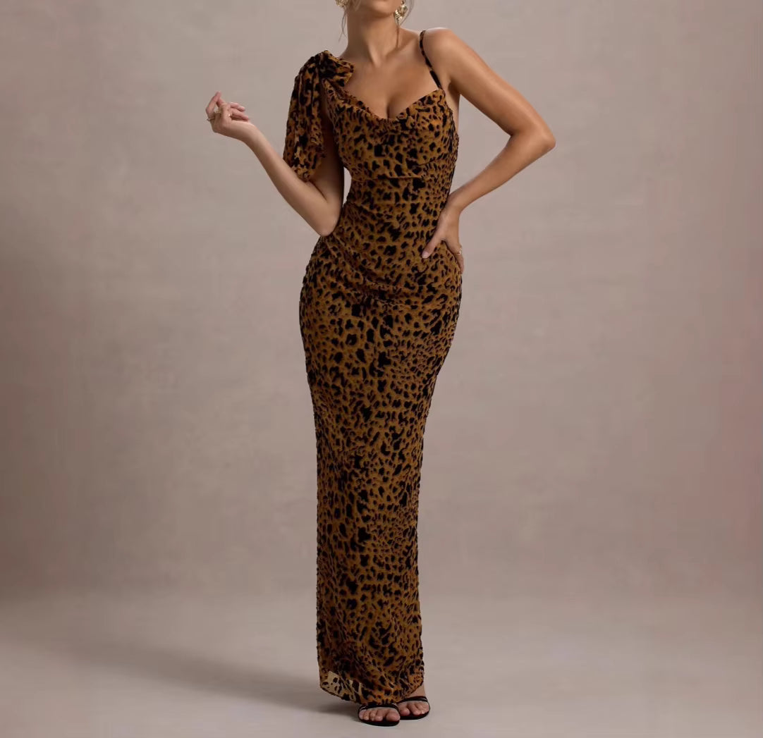 Casual Square Neck Sleeveless Patchwork Leopard Print Bow Maxi Dresses