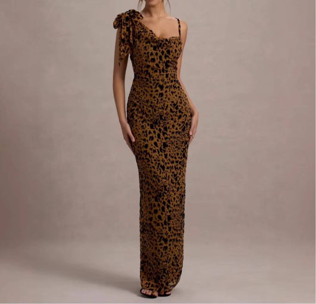 Casual Square Neck Sleeveless Patchwork Leopard Print Bow Maxi Dresses