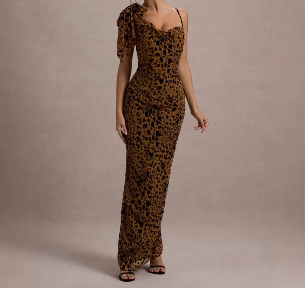 Casual Square Neck Sleeveless Patchwork Leopard Print Bow Maxi Dresses