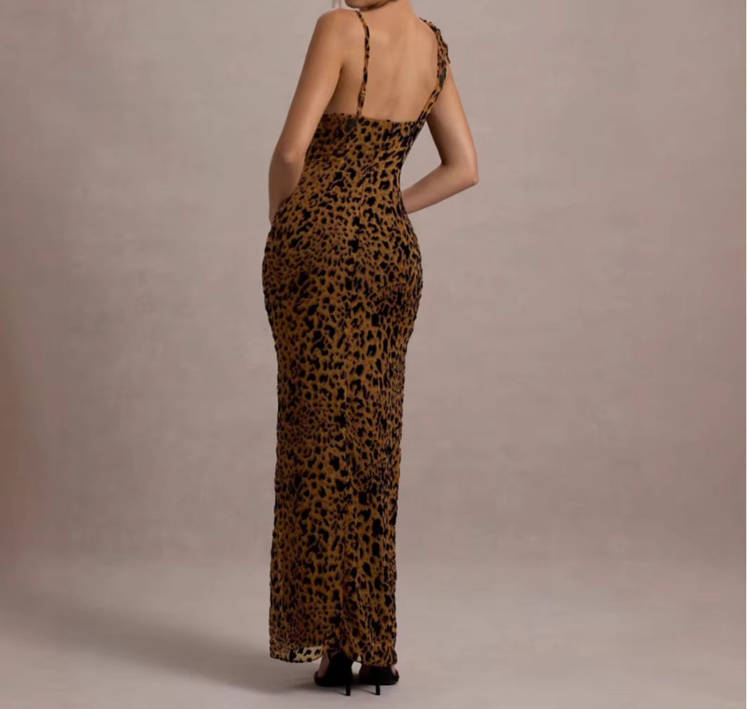 Casual Square Neck Sleeveless Patchwork Leopard Print Bow Maxi Dresses