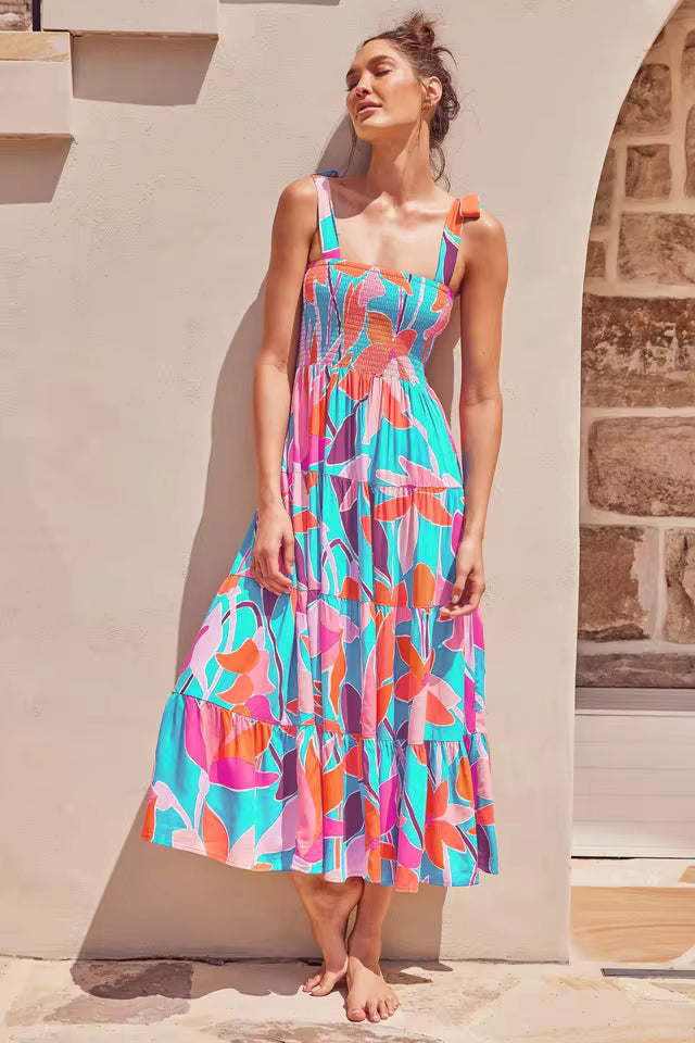 Casual Square Neck Sleeveless Printed Long Tank Dress