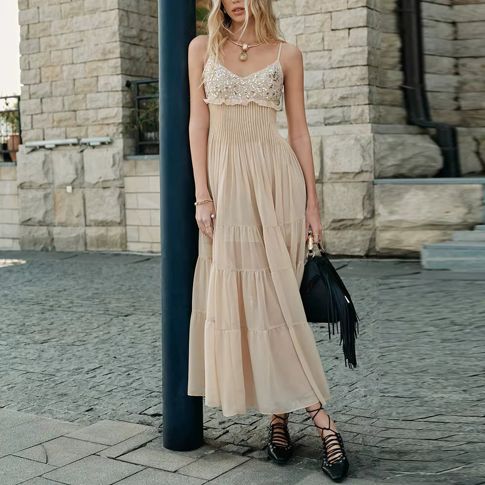Casual Square Neck Solid Sleeveless Patchwork Sheer Diamonds Maxi Dress