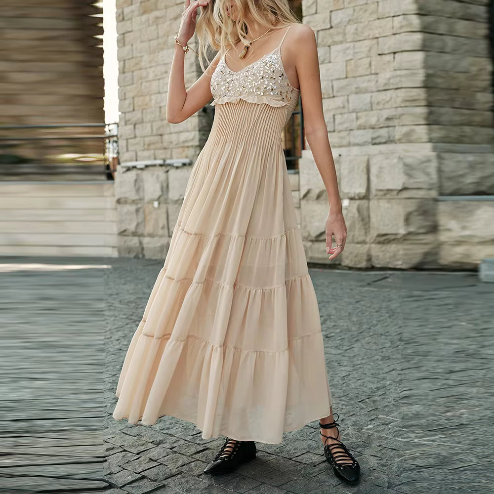 Casual Square Neck Solid Sleeveless Patchwork Sheer Diamonds Maxi Dress