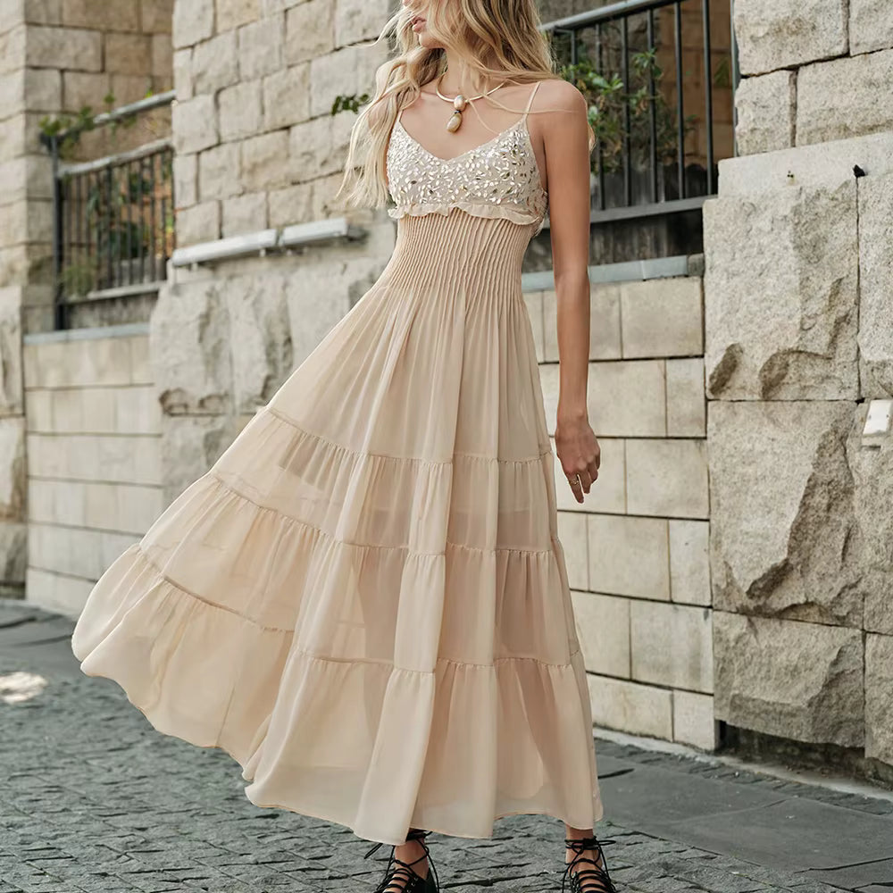 Casual Square Neck Solid Sleeveless Patchwork Sheer Diamonds Maxi Dress