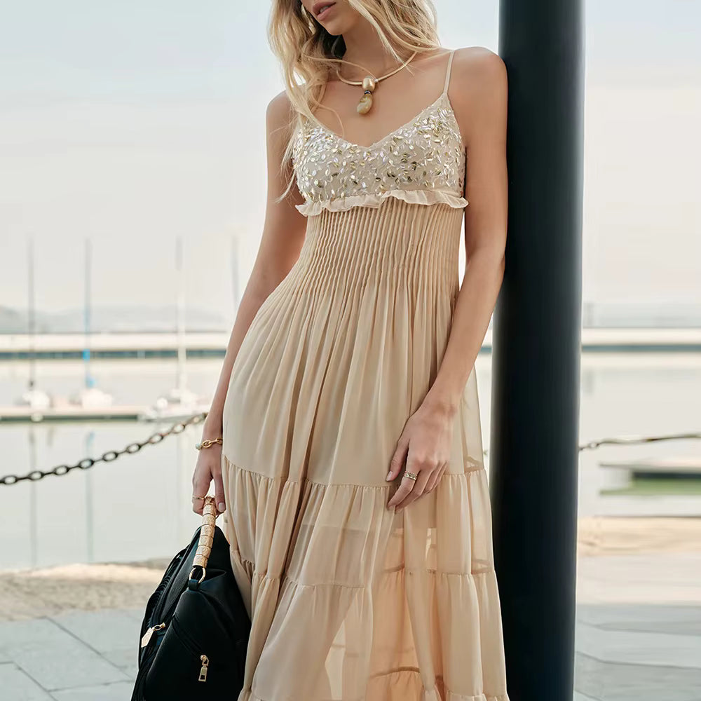 Casual Square Neck Solid Sleeveless Patchwork Sheer Diamonds Maxi Dress