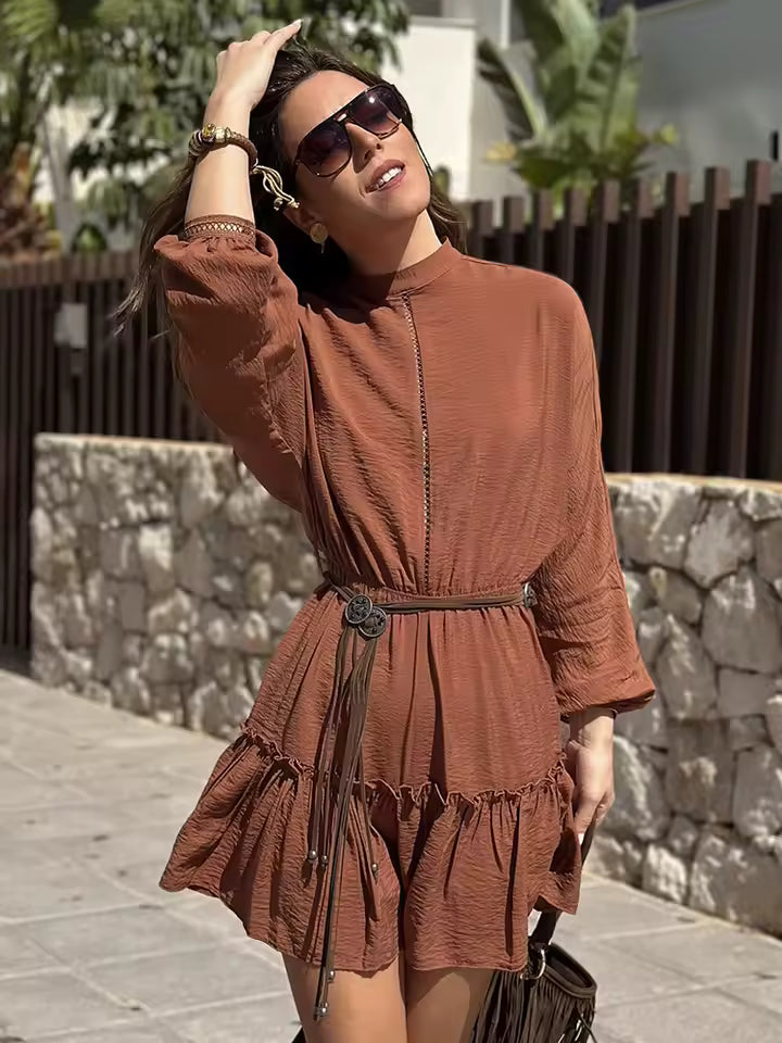 Casual Long Lantern Sleeve Lace Decorated Vertical Loose Fitted O-Neck Short Pleated Mini Dress