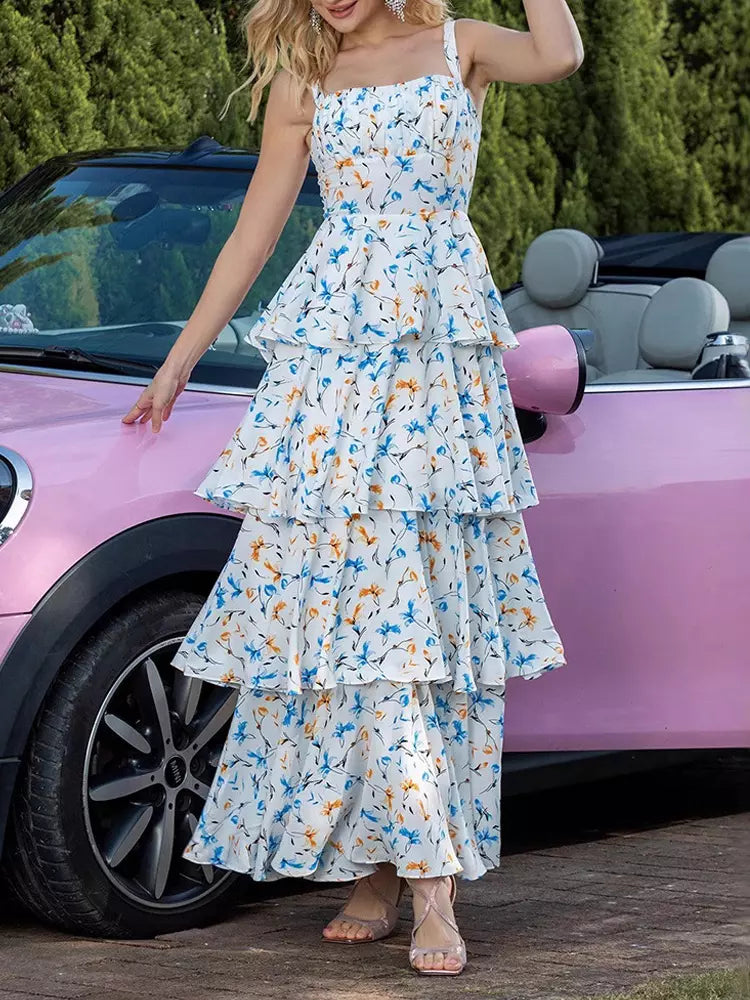 Casual Square Neck Tiered A-Line Floral Sleeveless Maxi Dress