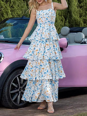 Casual Square Neck Tiered A-Line Floral Sleeveless Maxi Dress