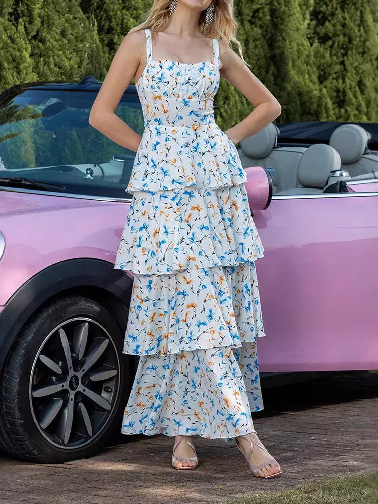 Casual Square Neck Tiered A-Line Floral Sleeveless Maxi Dress