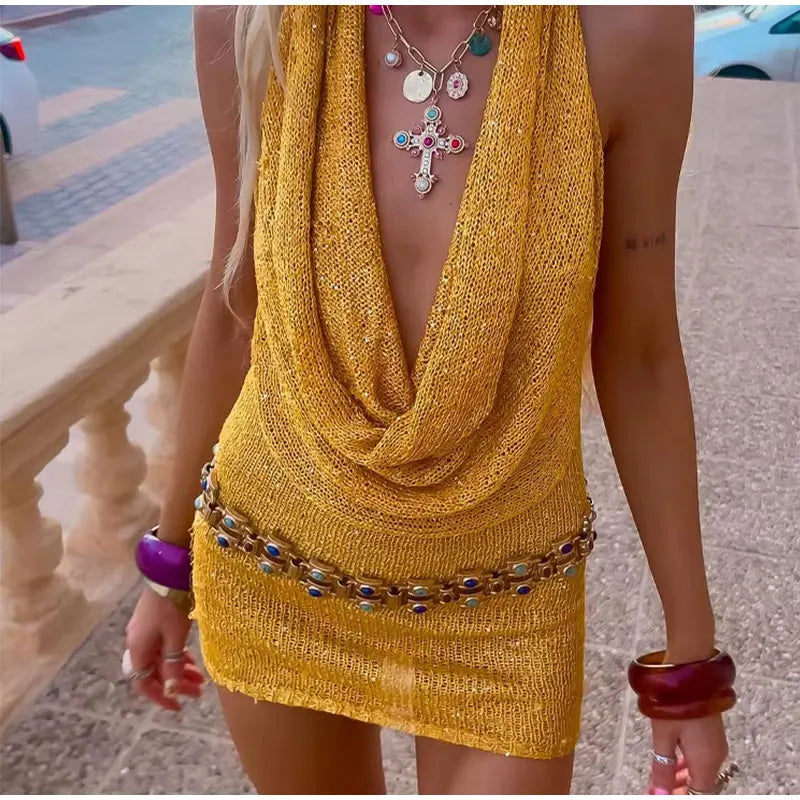 Casual Stacked V Neck Halter Sleeveless Backless Bodycon Mini Knitted Dress