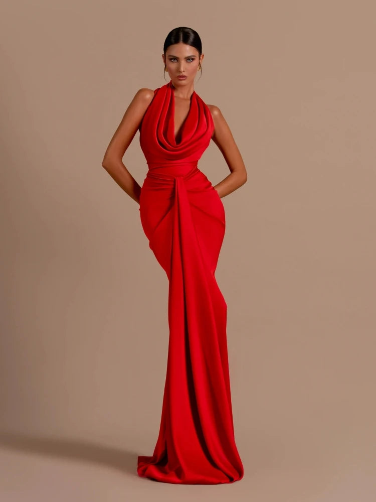 Casual Stain Sleeveless Draped Design Swinging Collar Backless Pleated Long Maxi Dress