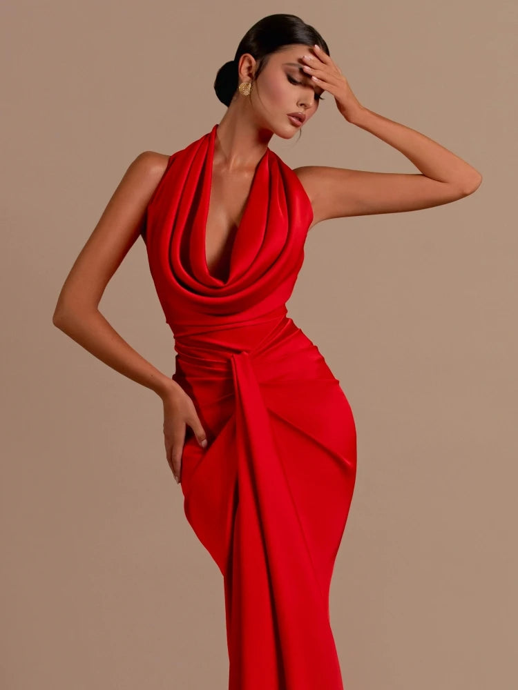 Casual Stain Sleeveless Draped Design Swinging Collar Backless Pleated Long Maxi Dress