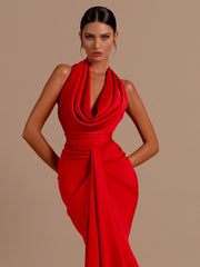 Casual Stain Sleeveless Draped Design Swinging Collar Backless Pleated Long Maxi Dress