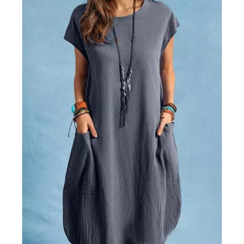 Casual Stand Alone Ebay Cotton Linen Loose Pocket O-Neck Knee-Length Dress