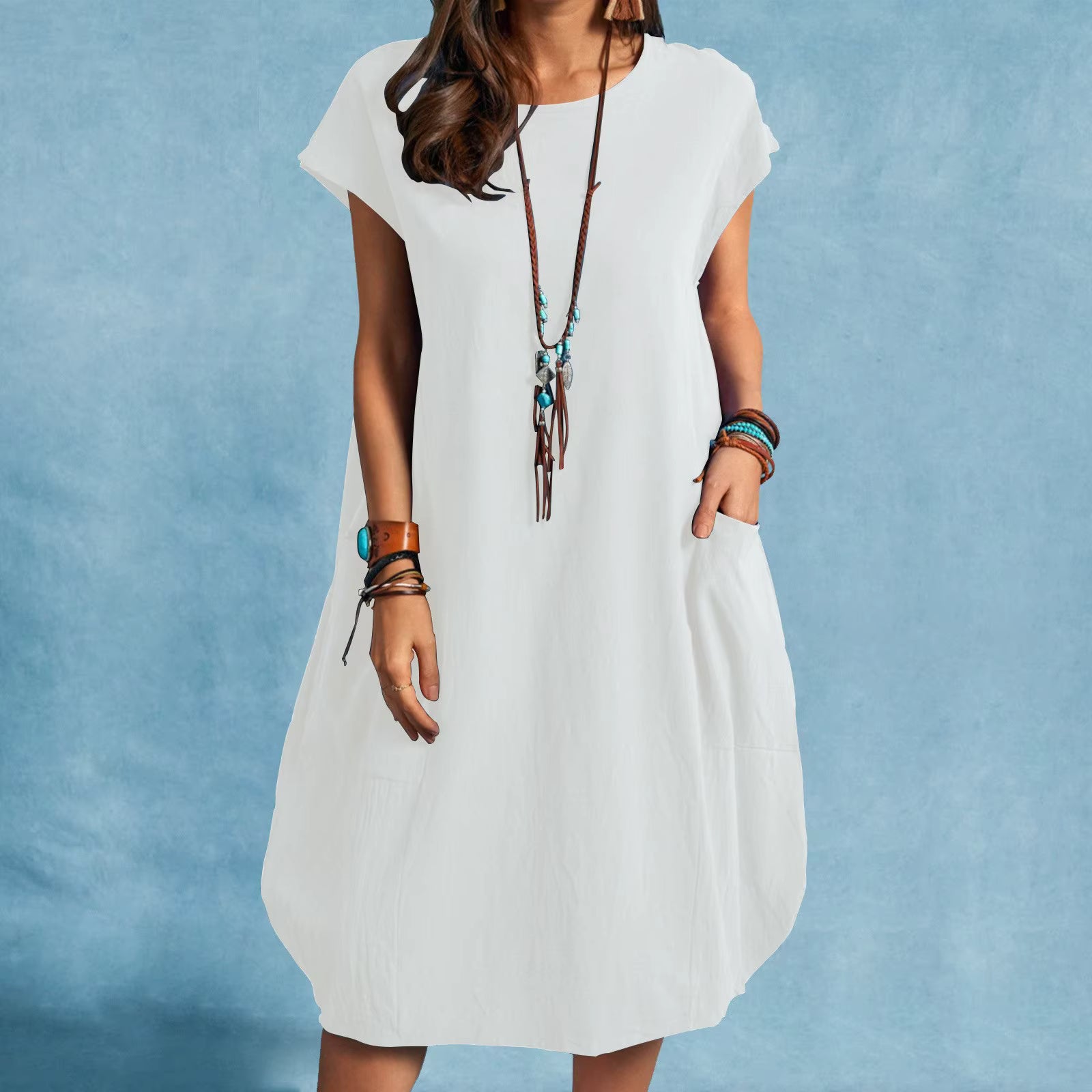 Casual Stand Alone Ebay Cotton Linen Loose Pocket O-Neck Knee-Length Dress