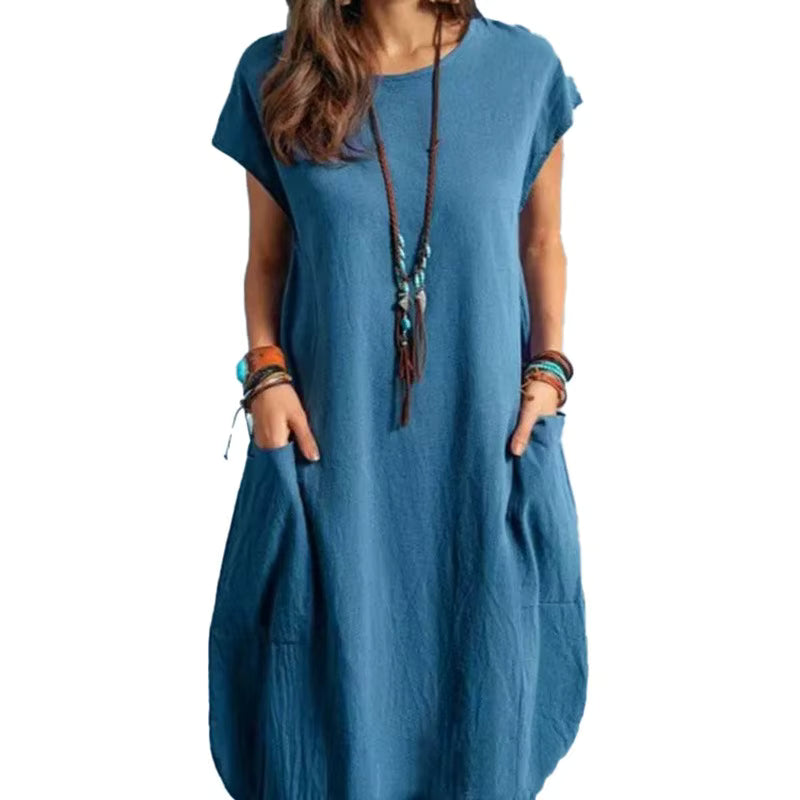 Casual Stand Alone Ebay Cotton Linen Loose Pocket O-Neck Knee-Length Dress