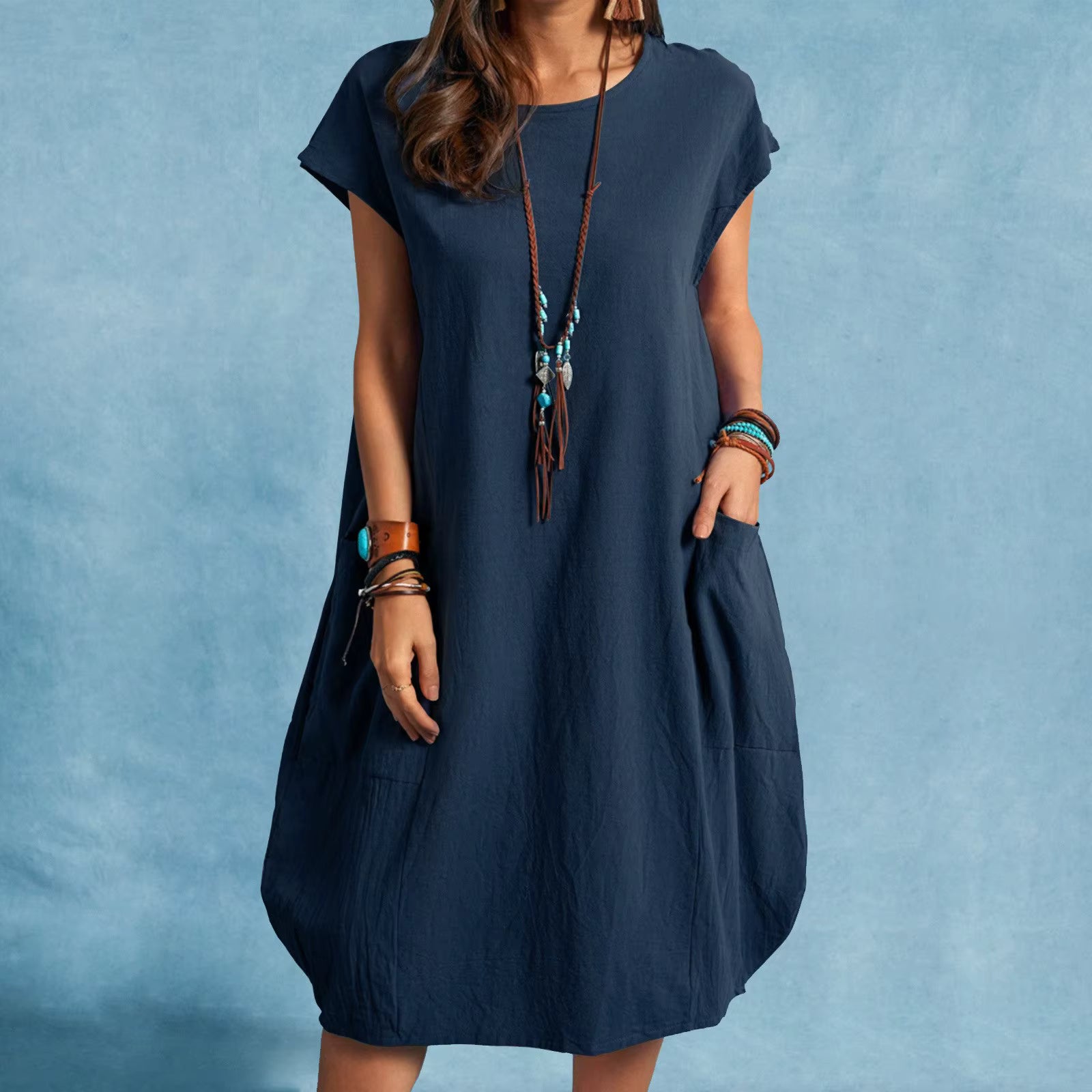 Casual Stand Alone Ebay Cotton Linen Loose Pocket O-Neck Knee-Length Dress