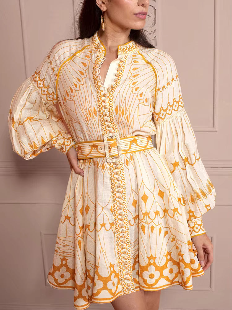 Casual Stand Collar Lantern Sleeve High Waist Patchwork Belt Printing Vintage Mini Dress