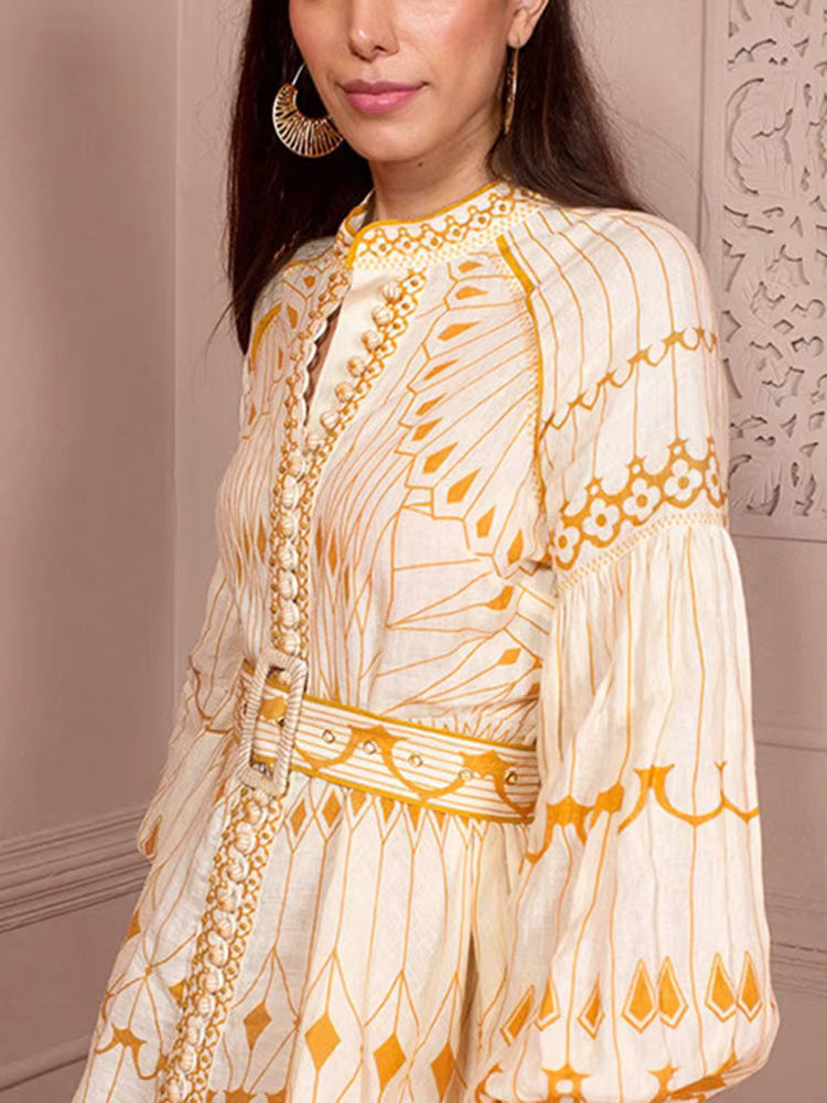 Casual Stand Collar Lantern Sleeve High Waist Patchwork Belt Printing Vintage Mini Dress