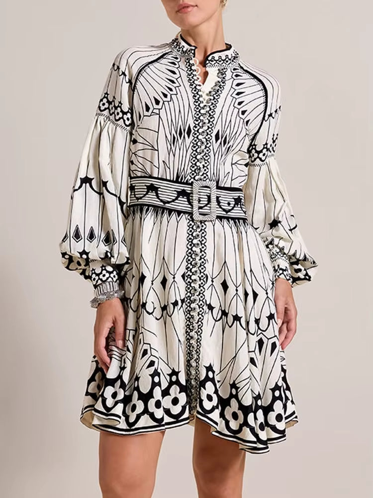Casual Stand Collar Lantern Sleeve High Waist Patchwork Belt Printing Vintage Mini Dress