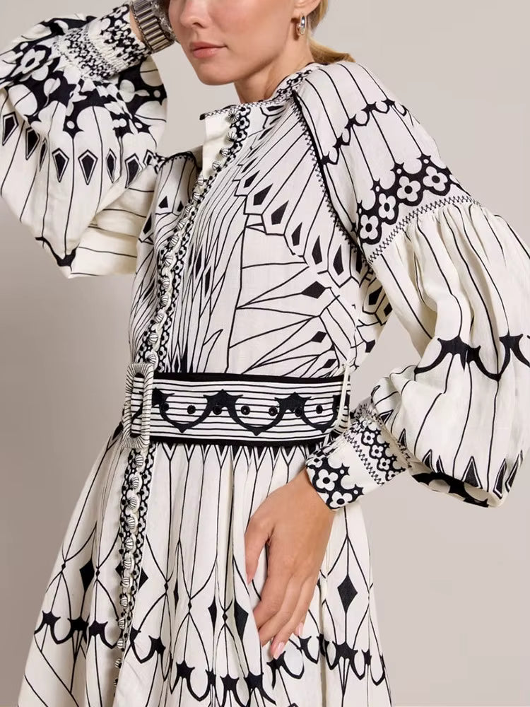 Casual Stand Collar Lantern Sleeve High Waist Patchwork Belt Printing Vintage Mini Dress