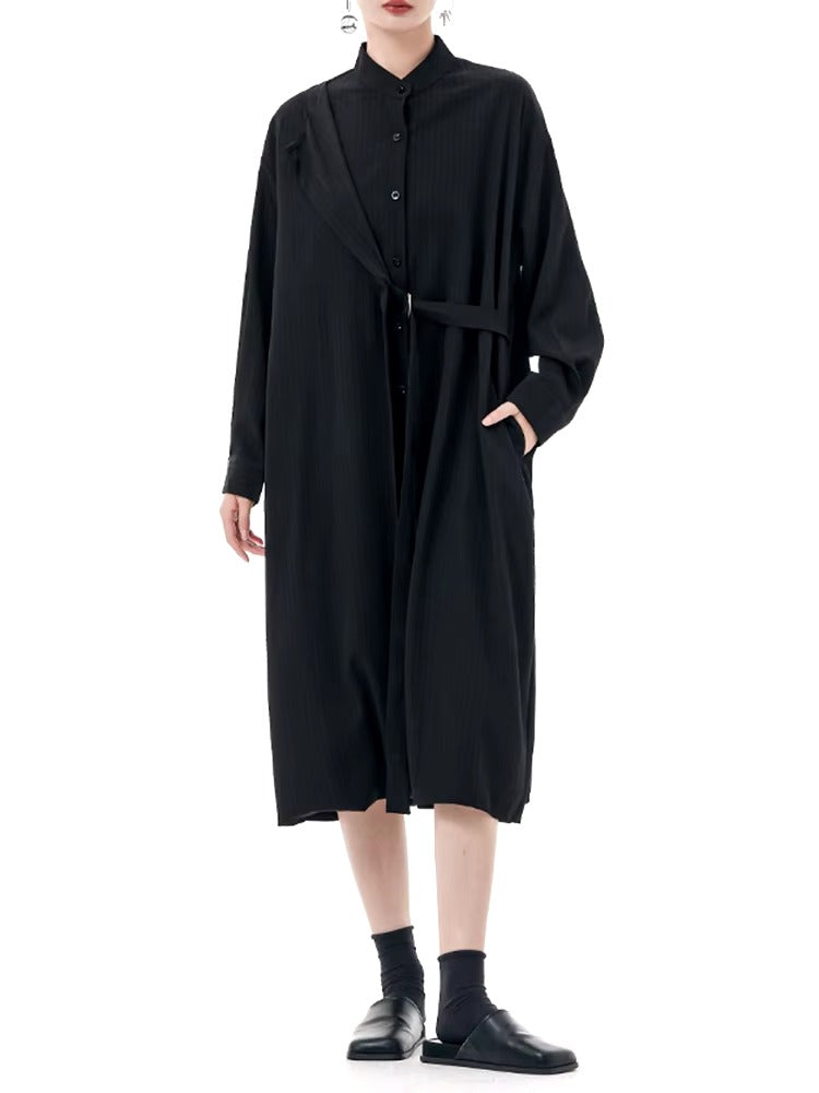 Casual Stand Collar Long Sleeve Big Size Irregular Belt Midi Shirt Dress