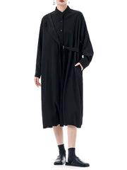 Casual Stand Collar Long Sleeve Big Size Irregular Belt Midi Shirt Dress