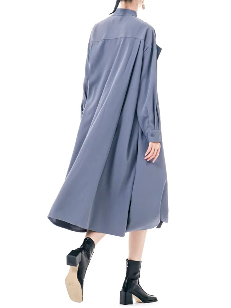 Casual Stand Collar Long Sleeve Big Size Irregular Belt Midi Shirt Dress
