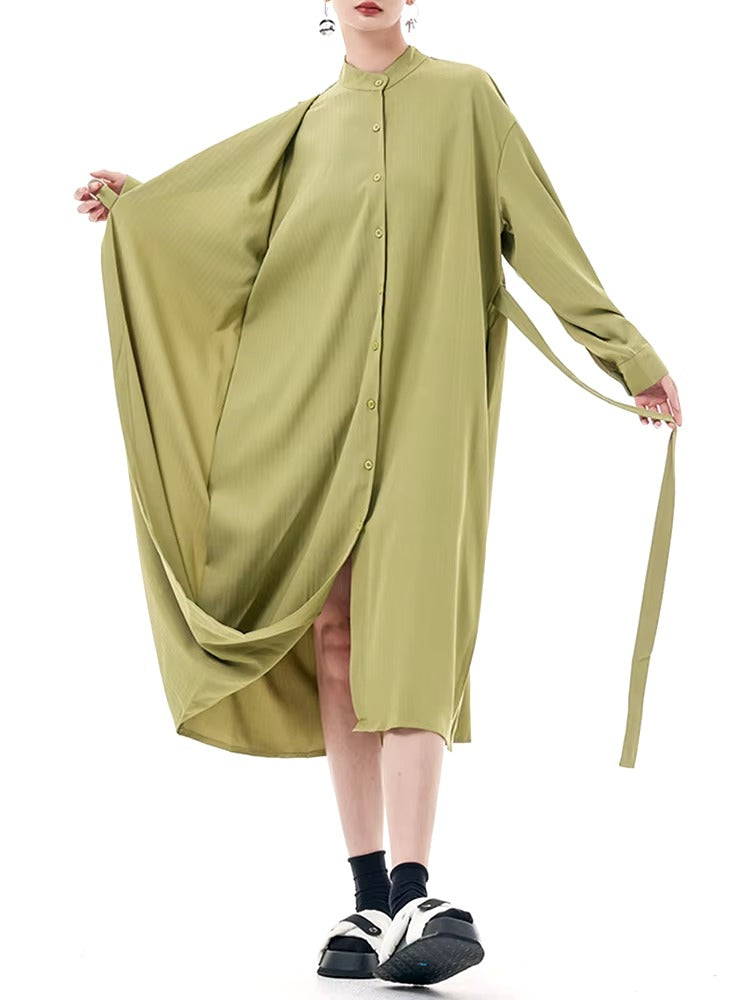 Casual Stand Collar Long Sleeve Big Size Irregular Belt Midi Shirt Dress