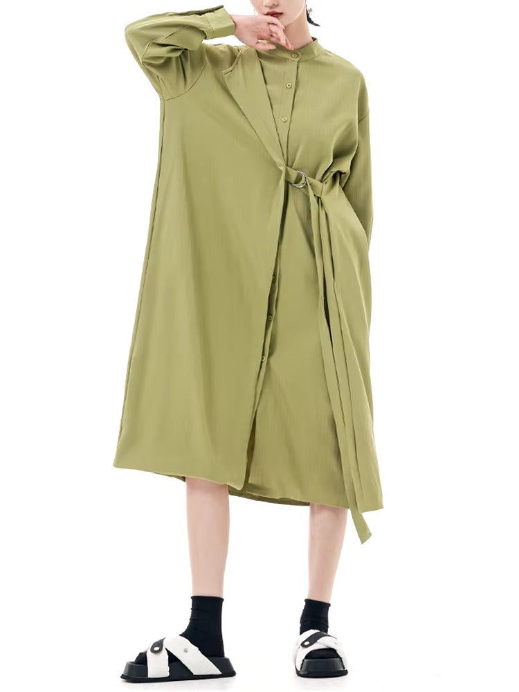 Casual Stand Collar Long Sleeve Big Size Irregular Belt Midi Shirt Dress