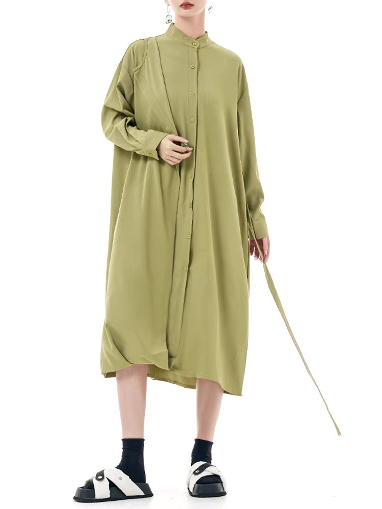 Casual Stand Collar Long Sleeve Big Size Irregular Belt Midi Shirt Dress