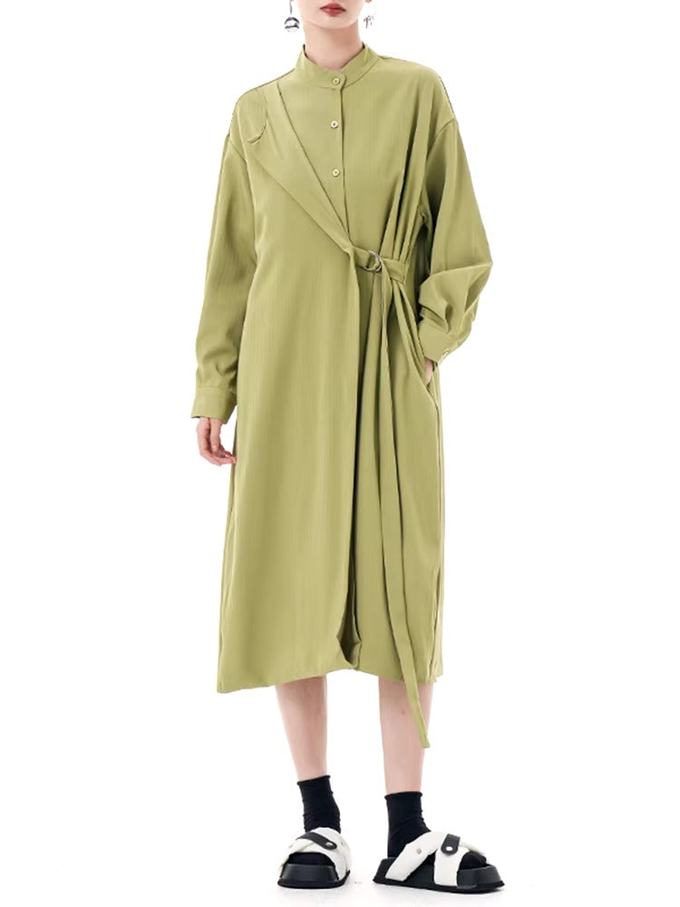 Casual Stand Collar Long Sleeve Big Size Irregular Belt Midi Shirt Dress