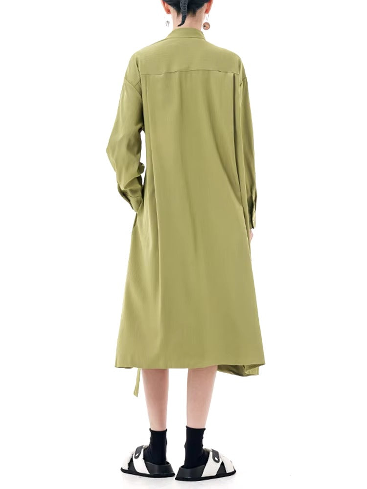 Casual Stand Collar Long Sleeve Big Size Irregular Belt Midi Shirt Dress