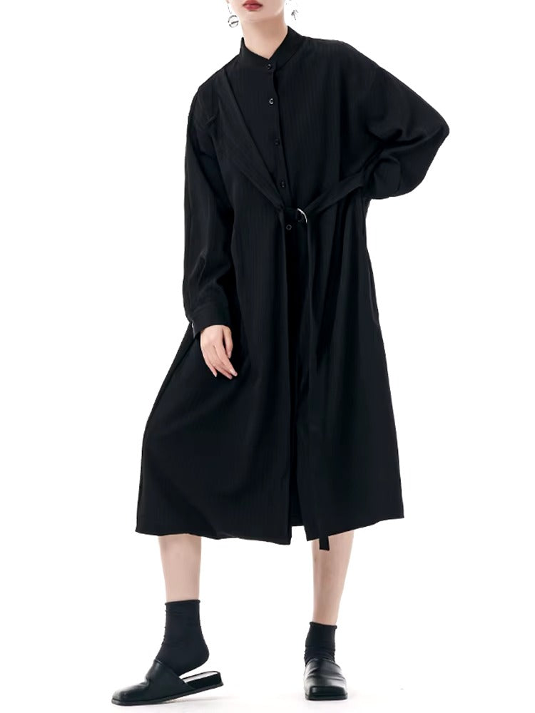 Casual Stand Collar Long Sleeve Big Size Irregular Belt Midi Shirt Dress