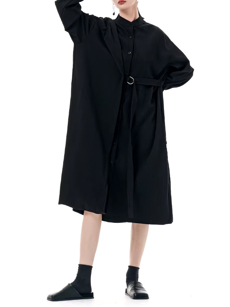 Casual Stand Collar Long Sleeve Big Size Irregular Belt Midi Shirt Dress