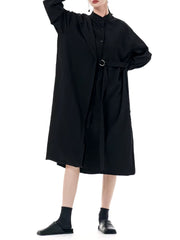 Casual Stand Collar Long Sleeve Big Size Irregular Belt Midi Shirt Dress