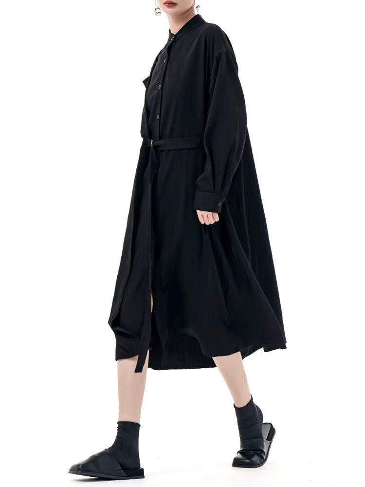 Casual Stand Collar Long Sleeve Big Size Irregular Belt Midi Shirt Dress