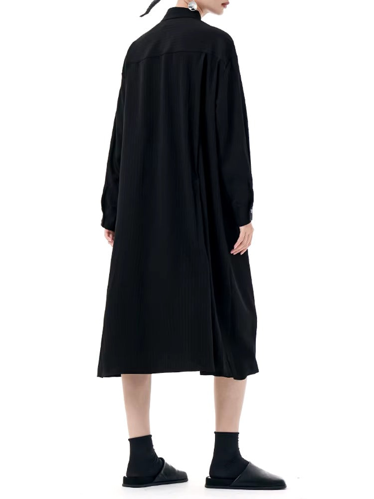 Casual Stand Collar Long Sleeve Big Size Irregular Belt Midi Shirt Dress
